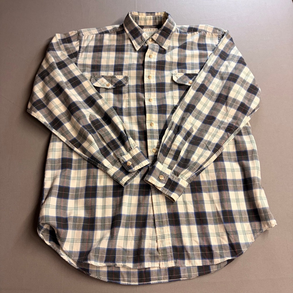LL Bean Macflannel Mens XL Tall Plaid Button Down Shirt Blue Ivory Cotton Blend